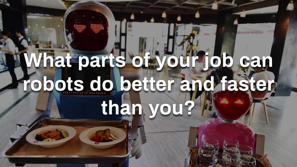 Robots serving platters of food and drink with the quote, What parts of your job can robots do better and faster than you?